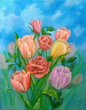 Art 11"/14"  Colorful Flowers Original oil painting, Stretched 