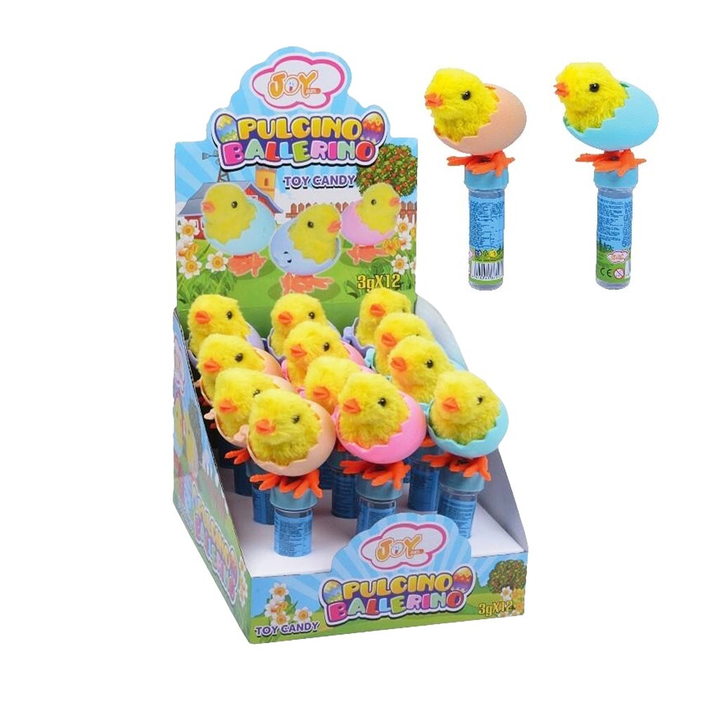 Pulcino Ballerino con Carica e Caramelle Frutta all' Interno Espositore da 12pz