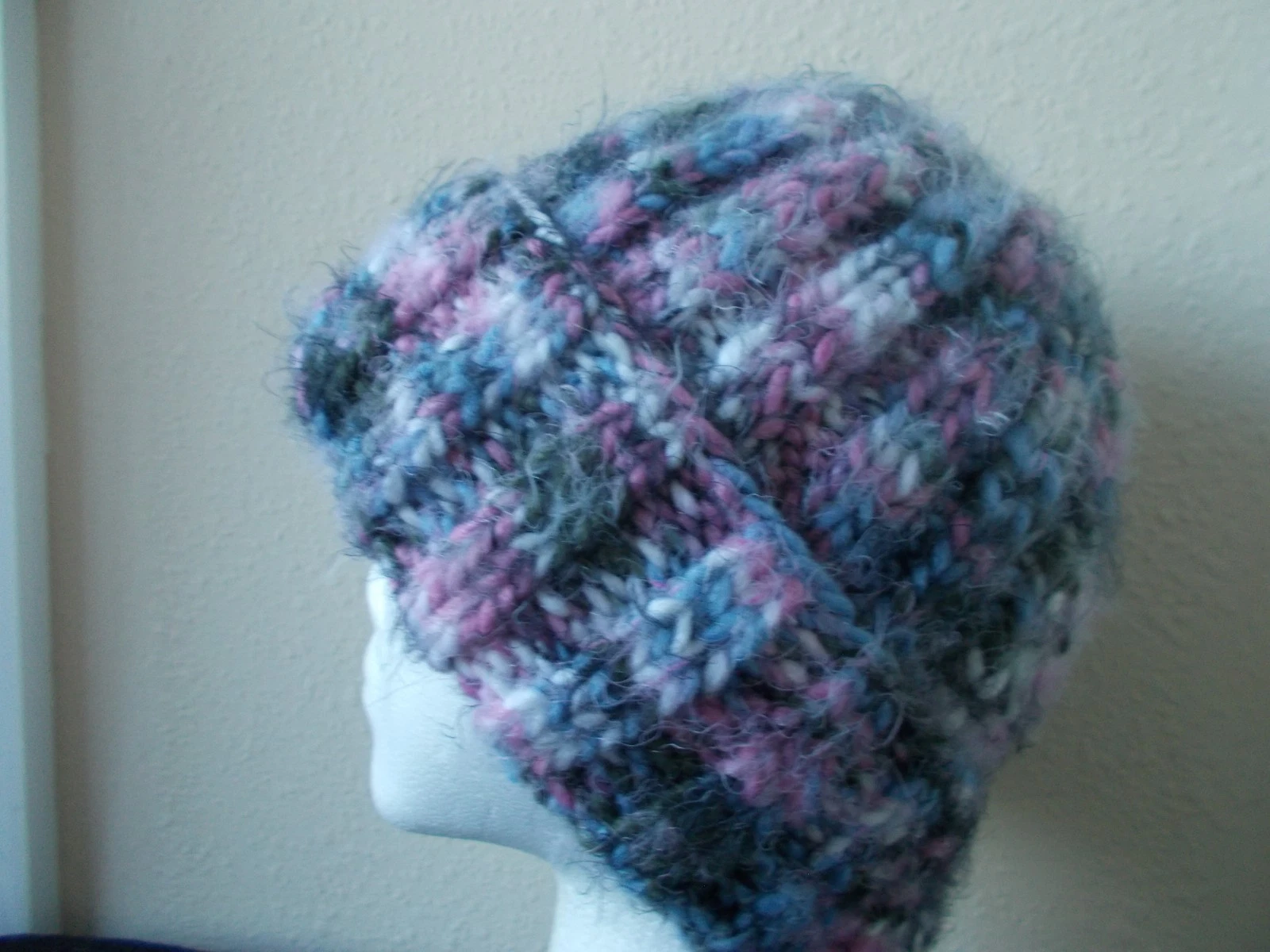 Hand knitted warm & fuzzy beanie/hat, pink/gray/white/lavender