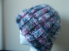 Hand knitted warm fuzzy beanie/hat, pink/gray/white/lavender