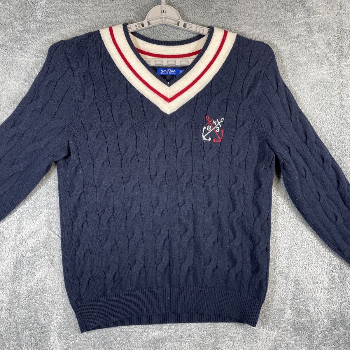 Nautica Sweater Men Medium Tennis V Neck Chunky Knit Fisherman
