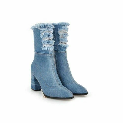 Damen Stiefeletten Schuhe Denim mittlere Wade spitz hohe Absätze gerissener Lochreißverschluss neu - Bild 13 von 16
