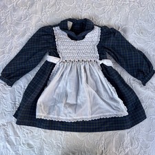 Vtg Polly Flinders Smocked Dress Blue Plaid White Collar Embroidered Flowers 3t