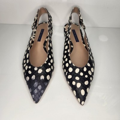 STUART WEITZMAN Flats Womens 7 Black White Snakeskin Polka Dot Pointed Slingback
