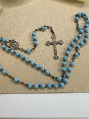 Italian  Rosary Antique silvertone with Blue Larimar Glass Beads Catholic