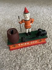 Vtg Cast Iron Coin Bank Trick Dog Jumping Through Hoop Flathead Screw Hardware