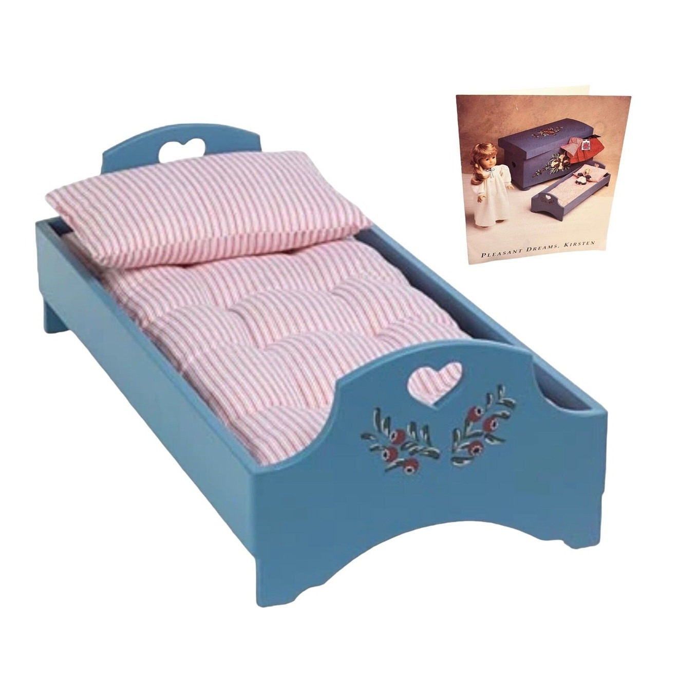 American Girl Kirsten Bed Pleasant Co Blue Wood Pink Mattress Pillow Pamphlet