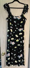 LOFT Fit & Flare Dress Black Floral Square Neck Puff Sleeve Midi Zip size 12
