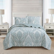 Blue Ornate Paisley Medallion Grey 100 Cotton Quilt Set, Bedspread, Coverlet
