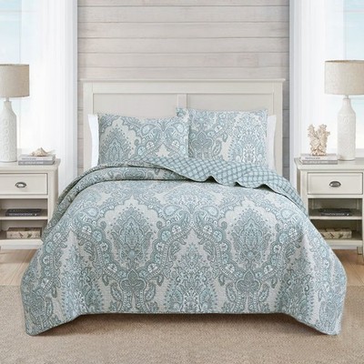 Blue Ornate Paisley Medallion Grey 100%Cotton Quilt Set, Bedspread, Coverlet