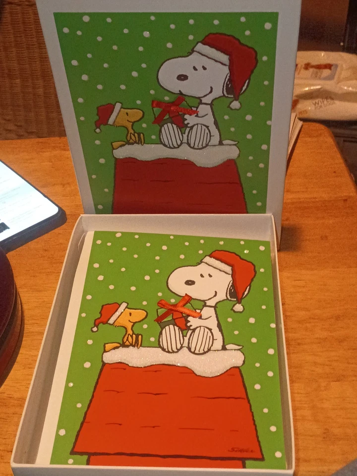 Блестящие рождественские открытки Hallmark Peanuts Snoopy Woodstock 12 открыток и конвертов - Изображение 4 из 4