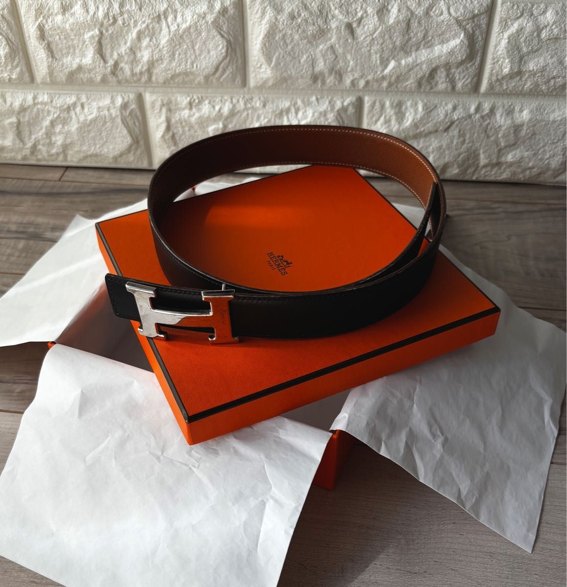 Hermes H-Shaped Silver Buckle Leather Belt Black Brown 72cm Size 68.5-76.5cm