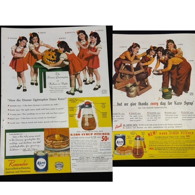 LOT OF 2:1939 DIONNE QUINTUPLETS ADVERTISEMENTS,GOOD HOUSEKEEPING: ONE HALLOWEEN