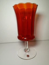 Vintage MCM Italy Empoli Orange Red Clear Stem Pedestal Compote Bowl Vase Glass