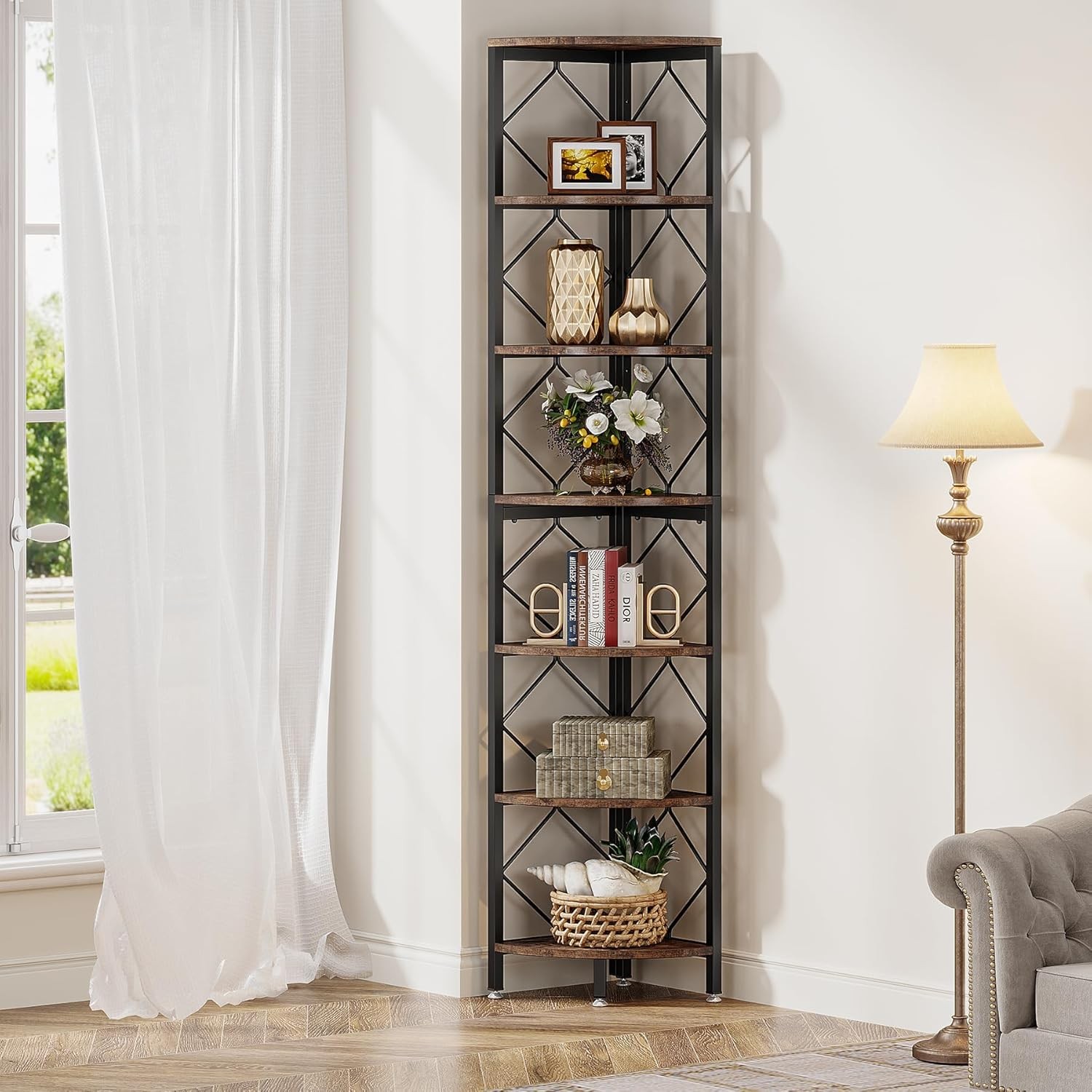 7-Tier Corner Shelf, 78.7&rdquo; Extra Tall Corner Bookcase Bookshelf for Small Space