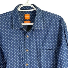 Hugo Boss Button Up Shirt Mens L Blue Slim Fit Geometric Print Cotton L/S read
