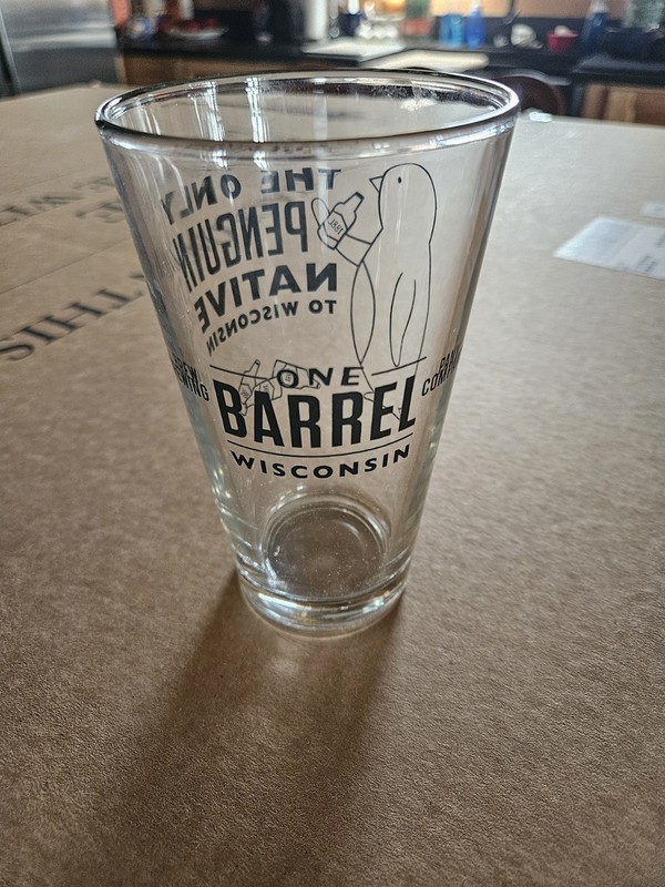 ONE BARREL BREWING CO.  MADISON , WI. PINT GLASS NEW CLEAR GLASS WITH LOGO