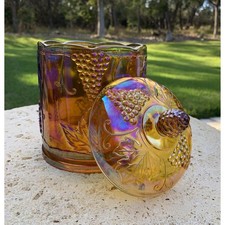 Small Vibrant Vintage Amber Carnival Glass Canister