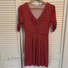 Boden Red Floral V Neck Ruched Sleeve 3/4 Sleeve Dress Womens US 6 Office Party