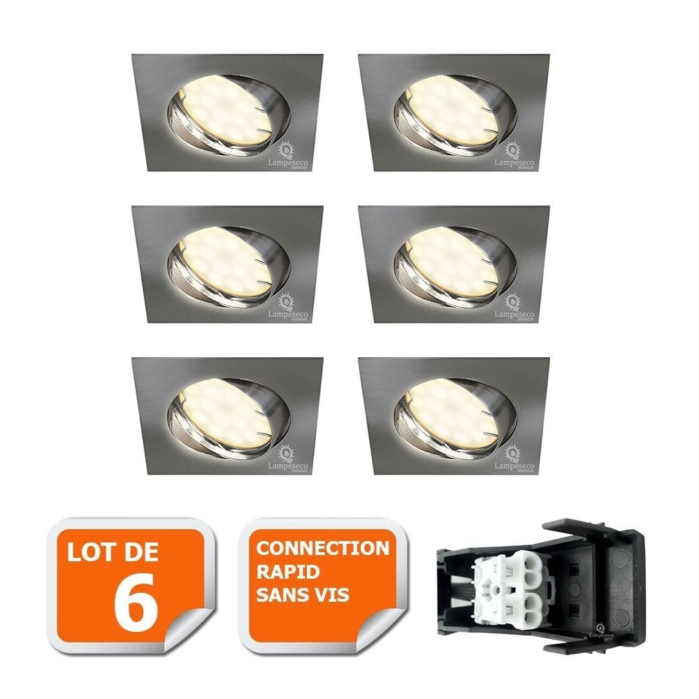Spot encastrable orientable LED carré GU10 230V alu brossé eq 50W 6x