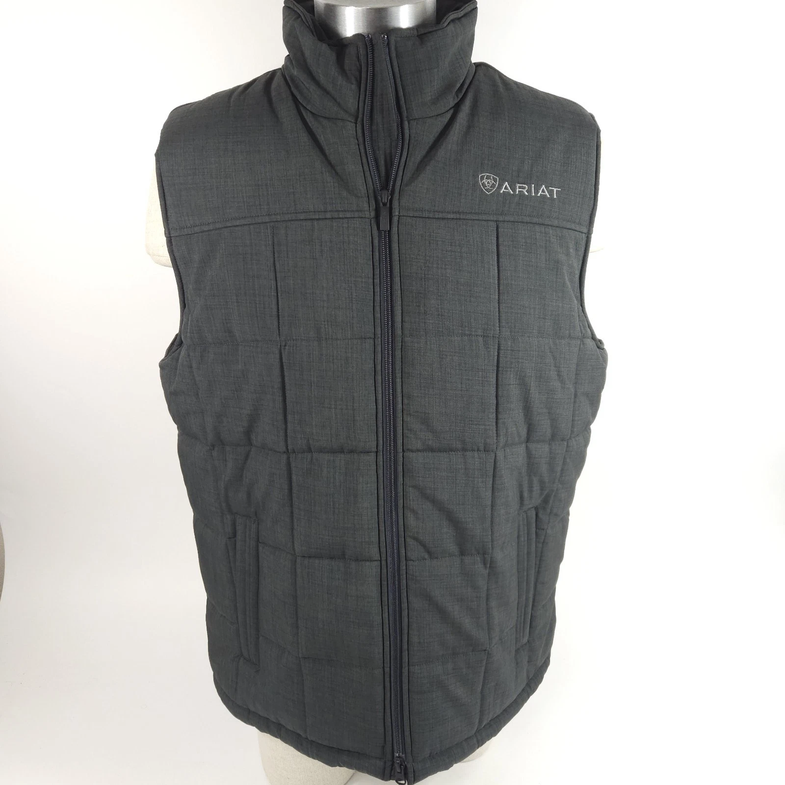 Ariat Grey Padded Quilted Puffer Vest Size L Fleece Lined Full Zip Sleeveless