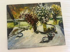 Paris Flea Market Find: French Oil Painting Still Life Flowers Fruit Teapot 10x8