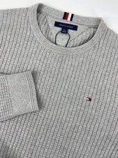 Tommy Hilfiger Sweater Mens Large Gray Waffle Knit Crewneck Pullover Logo Cotton
