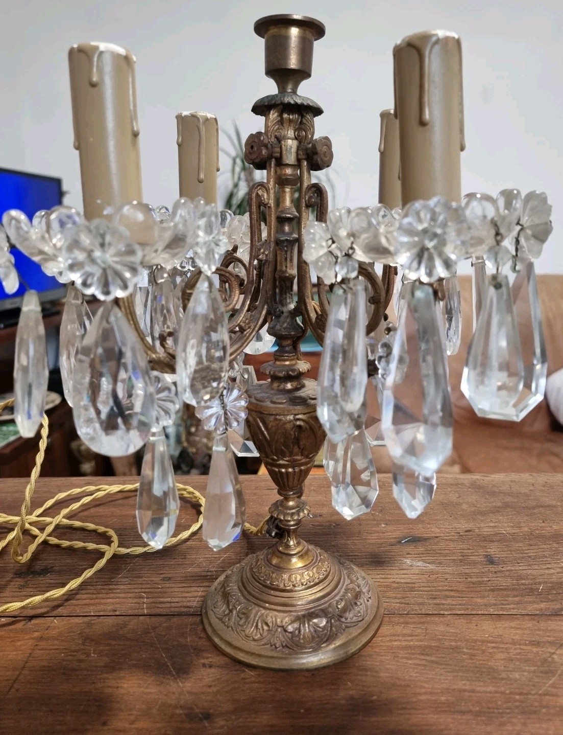Golden table girandole late 19th century crystal tassels 5 lights style...