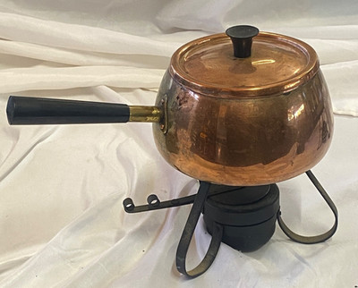 Vintage Copper Fondue Set Pot Burner Stand Old Copper Made in Portugal