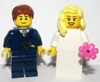 LEGO Bride Blonde Hair & Groom Dark Blue Suit Wedding Minifigure Pink Flower