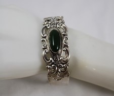 Vintage Towle Sterling Silver & Green Jade Grand Duchess Heavy Cuff Bracelet