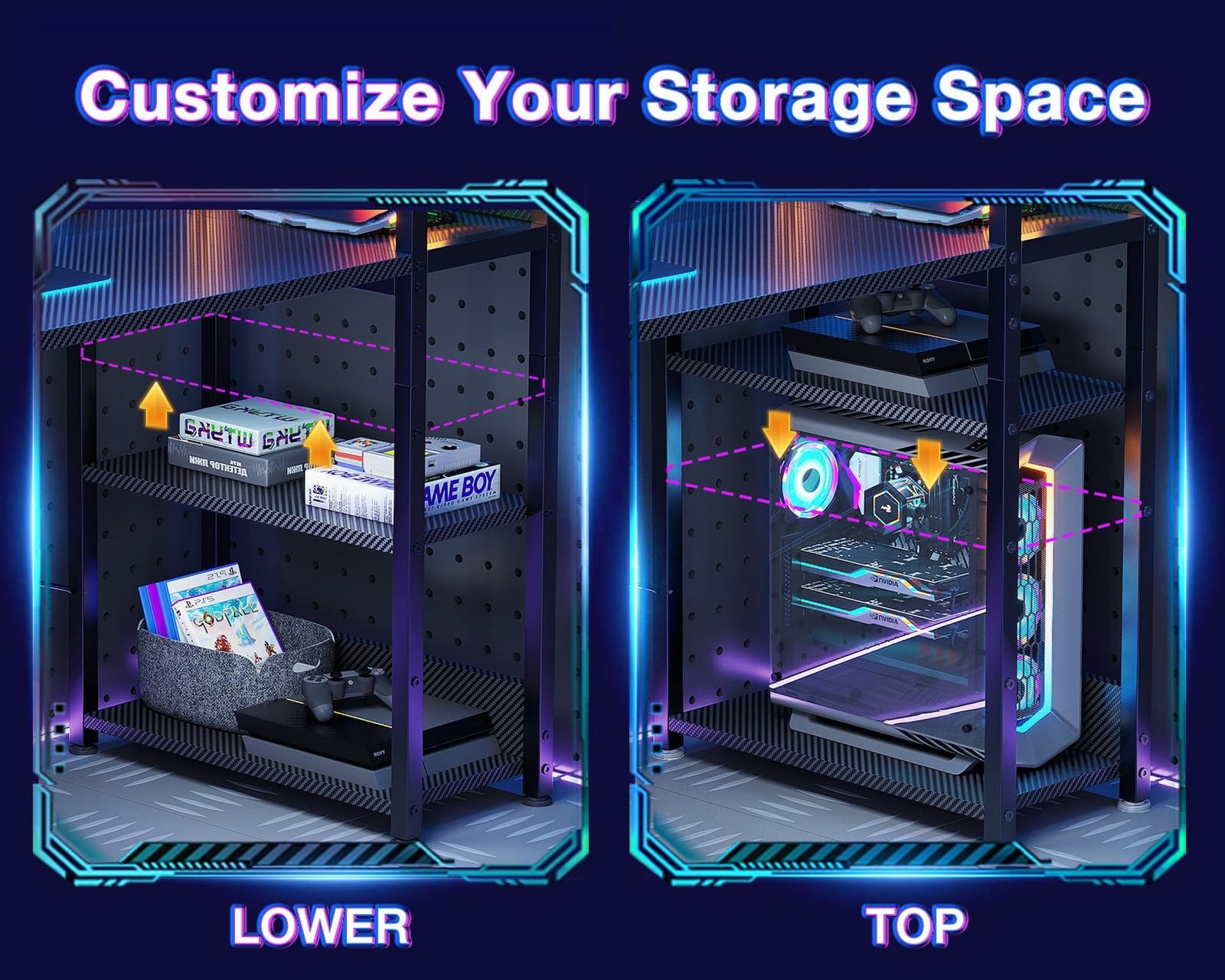 ODK Reversible Gaming Desk LED Lights, 40 Inch Computer Desk with Storage She...