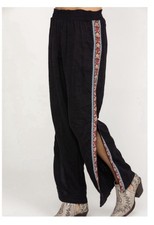 Johnny Was Pants Black 100 Linen Ezra Wide Leg Side Slit Embroidered Comfort S