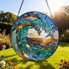 Ocean Wave Stained Glass Suncatcher Beach Coastal Glass Suncatcher Handmade