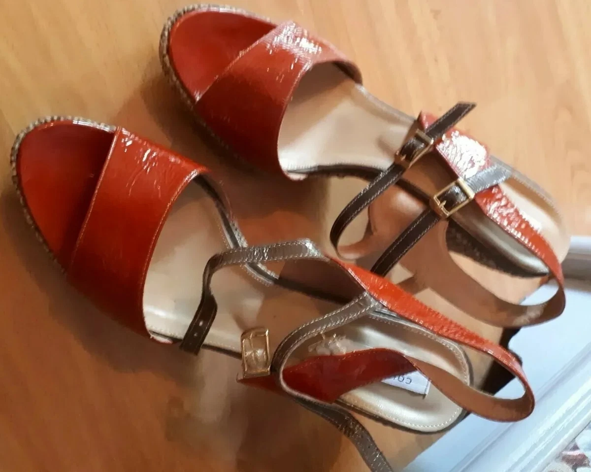 Women burnt Orange leather shoes chunky open toe platform heels UK