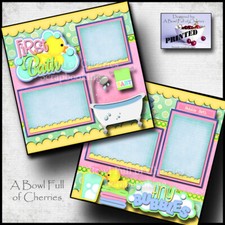 1st BATH BABY GIRL  bathtub 2 premade scrapbook pages printed paper CHERRY 0258