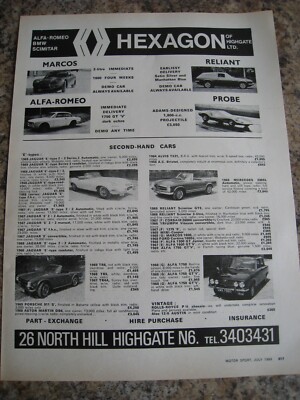 HEXAGON ALFA-ROMEO BMW SCIMITAR MARCOS RELIANT PROBE STOC 1969 ADVERT A4 FILE 39