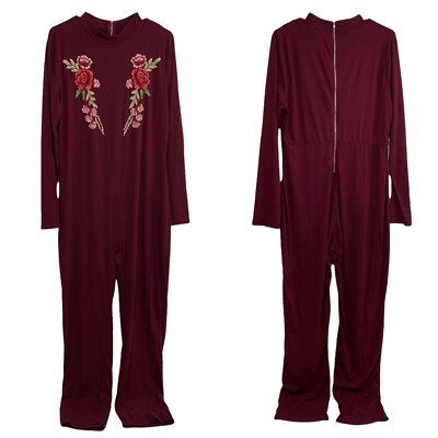 Love J One Piece Jumpsuit 2x Red Floral Embroidery Applique Long
