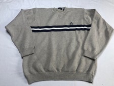 IZOD Sweater Logo Shield Embroidered Striped Beige Navy Blue White Size Large
