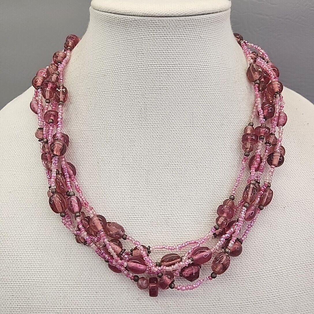 Glass Beaded Necklace Six Layered Pink Station Seed Beads Jewelry
