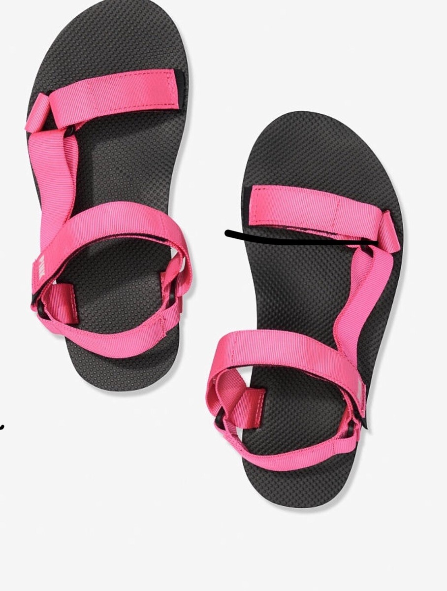 Victorias Secret PINK Festival Beach Adjustable Sandal Flip-Flop Slides L  Black