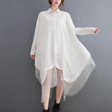 Women Mesh Splice Shirt Dresses Asymmetrical Long Sleeve Button Oversized Casual