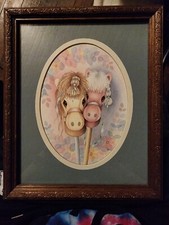 Vintage Home Interior Pony Framed Print 9" x 11" Horse Pink Girls with Wooden...