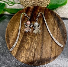 2 PC 3.5" Handmade Silver-tone Metal Hook Bookmark Set Beaded Charm Angel 56