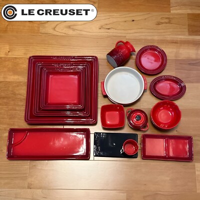LE CREUSET Cherry Red Oriental Square Plate and Others Set of 13