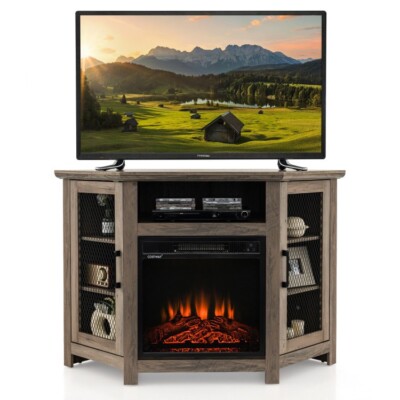 Corner Wood TV Stand TVs 55u0026#034; Media Console Cabinet WITH/ 18u0026#034; Electric  Fireplace | eBay