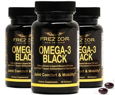 FREZZOR Omega 3 Black Green Lipped Mussel Oil Capsules - 3 Bottles, 180 Count