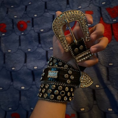 bb simon Studded Rhinestone Western Belt Black Silver 