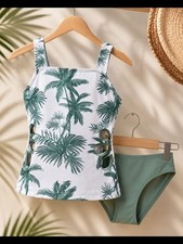 Girls Palm Print Green High-Waisted Tank Swim...