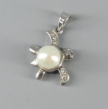 Cute Sterling Silver 925 White Pearl  CZ Sea Turtle Pendant Necklace
